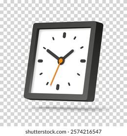 Hovering rounded squre clock  icon in 3d flat style, black rectangle timer on transparent background. Business watch. Volume vector design element for you project