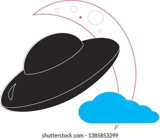 Hovering spaceship on the background 
of the Moon and cloud