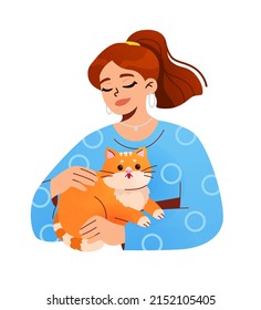 How about cat landing page with happy girl hugging kitten taken from shelter. Young female pet owner with her animal friend. Happy  women with lovely  kitties in hands. Taking care for domestic anima.