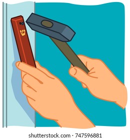 How to affix Mezuzah with hands with hammer on door frame. Red Mezuzah with golden Hebrew letter. Colored illustration on blue background.