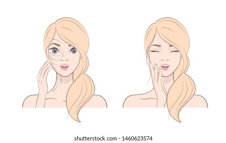 How to apply cream to the face and neck. Relaxing techniques. Vector illustration of massage lines on woman face. 