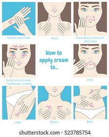 How to apply cream to the face, neck, hands, belly, legs. Design packaging. Instructions