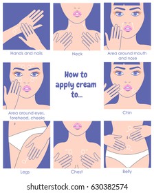 How to apply cream to the face, neck, hands, belly, legs. Design packaging. Instructions