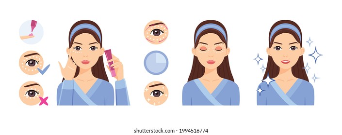 How to Apply Eye Treatment Cream.Steps.Beautiful girl does a Procedure to Care for the Skin around the Eyes.Woman holds a cream in hands.Instruction.Flat cartoon color style.White background.Vector.