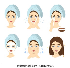 How to apply face mask instrustion for women. Step-by-step guide to facial cream mask usage. Skin care and acne treatment. Isolated vector illustration