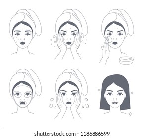 How to apply face mask instrustion for women. Step-by-step guide to facial cream mask usage. Skin care and acne treatment. Isolated line vector illustration