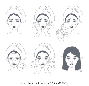 How to apply face mask instrustion for women. Step-by-step guide to facial mask usage. Skin care and acne treatment. Beauty and health. Isolated line vector illustration