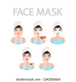 How to apply face mask instrustion for women. Step-by-step guide to facial cream mask usage. Skin care and acne treatment. Isolated line vector illustration