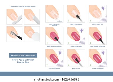 How to Apply Gel Polish Step by Step. Professional Manicure Tutorial. Vector illustration
