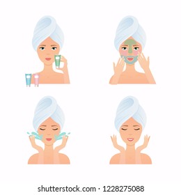 How to apply multiple face masks. Face care routine. Girl Care Her Face.  Skincare vector.