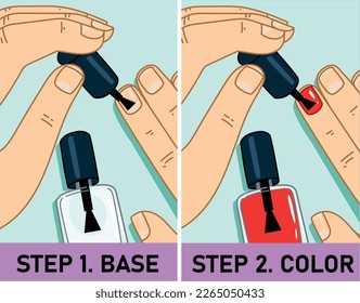 How to apply the nail polish. Healthcare illustration, beauty illustration. DIY illustration. Vector illustration.