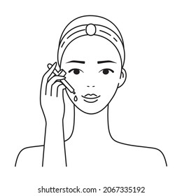 How to apply serum icon. Daily skincare routine. Anti-age, wrinkles treatment. Skin moisturizing. Vector illustration of woman taking care of her face. Visual instruction