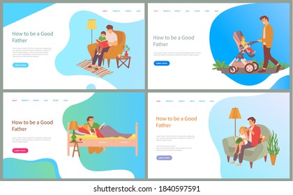 Wie gut Vater Vektor, Kind sitzend in Perambulator, männlich mit Kinderwagen laufen am Wochenende, Pflege für Tochter, Schlafenlesen und Fütterung. Website oder Slider-App, Konzept für den Vatertag