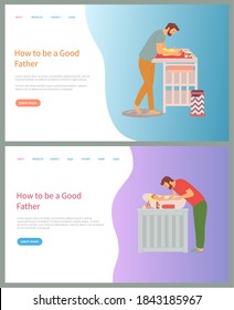 Wie gut Vater Vektor, Papa mit Kind waschen und Baden mit Lotionen und Shampoo, Vater und Baby, Mann wechselnde Windeln von Neugeborenen. Website oder Slider-App, Konzept für den Vatertag