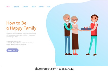 How to be happy family, birthday celebration vector web page. Elderly people holding present, grown up son of senior couple greeting with special event