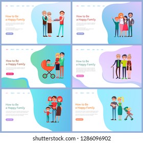 How to be happy family website with buttons. Portrait view of parents, children and baby carriage. Mother and father, son and daughter, relatives vector. Webpage template, landing page in flat style