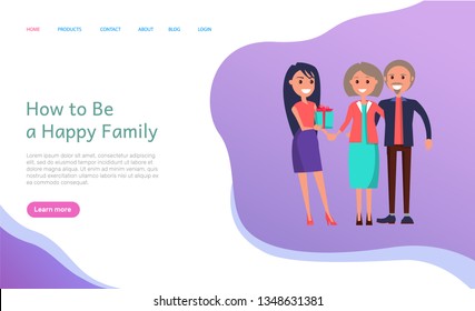 How To Be Happy Family Woman Giving Presents Vector. Lady With Gift Decorated By Bow And Wrapping Paper, Old Parents Mother And Father Smiling At Daughter