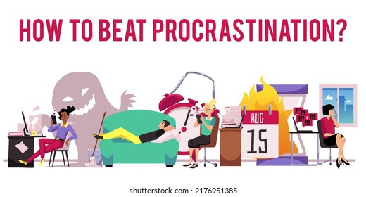 How to beat procrastination poster template with people at workplace, flat cartoon vector illustration. Procrastination and work tasks delaying concept.