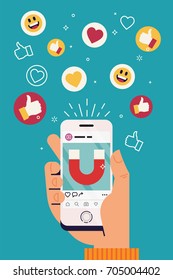 Cómo hacerse famoso en la ilustración vectorial concepto de Internet. Estrategia de medios sociales visual con teléfono móvil con interfaz de aplicación, atrayendo "me gusta" y reacciones positivas