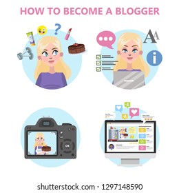 How to become a good blogger infographic. Post interesting video content and communicate with followers. Social media and internet. Becoming popular girl. Isolated flat vector illustration