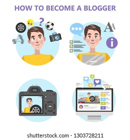 How to become a good blogger infographic. Post interesting video content and communicate with followers. Social media and internet. Becoming popular girl. Isolated flat vector illustration