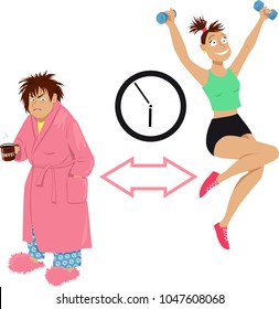 How to become a morning person, grumpy woman transformed into an enthusiastic early bird, EPS 8 vector illustration