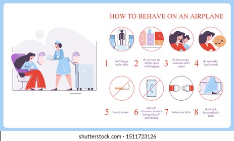 How to behave in the airplane. Fasten belt and stay on the seat. Idea of passenger safety and service. Isolated flat vector illustration
