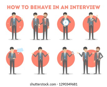 How to behave in a job interview. Person prepare for the meeting with HR manager. Starting career in new company. Candidate in suit. Isolated flat vector illustration