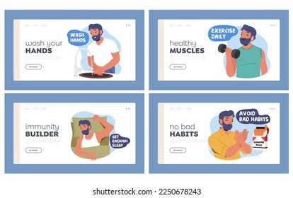 How to Boost Immunity Landing Page Template Set. Male Character Sleep, Exercise, Wash Hands, Drink Water, Eat Healthy Food and Avoid Bad Habits for Health Wellness. Cartoon People Vector Illustration