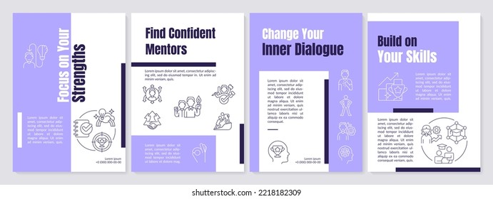 How to boost your confidence at work purple brochure template. Leaflet design with linear icons. Editable 4 vector layouts for presentation, annual reports. Anton, Lato-Regular fonts used