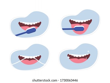 How to brush teeth correctly collection. Brushing teeth with toothbrush. Smiling mouth with tongue and healthy teeth. Oral hygiene and dental  procedures concept. Cute vector illustration in flat