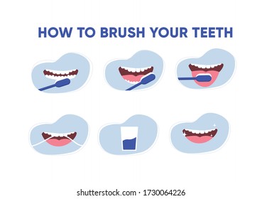 How to brush teeth correctly collection. Brushing teeth with toothbrush. Smiling mouth with tongue and healthy teeth. Oral hygiene and dental  procedures concept. Cute vector illustration in flat