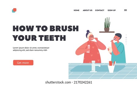 Plantilla de la página Cómo cepillar dientes. Niños Caracteres Higiene, Niñita Cepillado Dientes después de Baño o Ducha en el baño, Toothcepushing Rutina. Ilustración de vectores de personas de caricatura