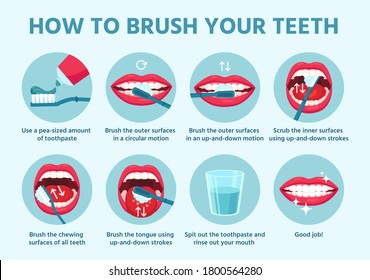 歯の磨き方を段階的に説明します 歯ブラシと歯磨き粉で口腔衛生に使えます 白い歯をきれいにしなさい 健康的なライフスタイルと歯のケア 分離型フラットベクターイラスト のベクター画像素材 ロイヤリティフリー