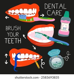 How to brush your teeth banner. Dental hygiene retro cartoon poster. Healthy lifestyle. Dental concept for your design. Tooth protection vector illustration