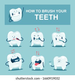 How to brush your teeth guide vector cartoon illustration with cute characters.