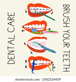 How to brush your teeth infographic instruction banner. Dental hygiene retro cartoon poster. Healthy lifestyle and dental care. Tooth protection vector illustration