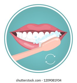 How to brush your teeth instruction. Toothbrush and toothpaste for oral hygiene. Clean white tooth using circular motion. Healthy lifestyle and dental care. Isolated flat vector illustration