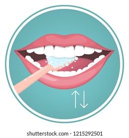 How to brush your teeth instruction. Toothbrush and toothpaste for oral hygiene. Clean white tooth using up and down motion. Healthy lifestyle and dental care. Isolated flat vector illustration