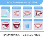 How to brush your teeth step by step instruction infographic poster vector flat illustration. Toothbrush and toothpaste for daily oral hygiene. Clean white tooth dental care educational banner