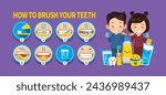 How to brush your teeth step by step. Cute images of children brushing their teeth and toothbrush and toothpaste characters.