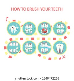 How to brush your teeth step-by-step instruction. Toothbrush and toothpaste for oral hygiene. Clean white tooth. Healthy lifestyle and dental care. Isolated flat vector illustration