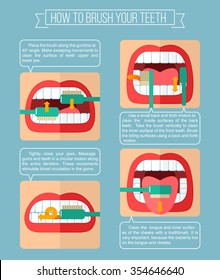 How To Brush Your Teeth. Vector Infographic Template With Text Areas. Flat Illustration.