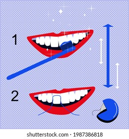 Cómo cepillarse correctamente los dientes.Peligros dentales para la limpieza.Procedimientos de higiene de la vida diaria de la cavidad oral y cuidado. Afiche de una clínica ortodoncia al estilo del arte pop. Hermosa sonrisa blanca.