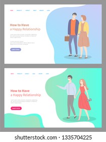 How to build happy relationship, people in love walking on date. Relaxed man and woman glad to spend time together, loving male and female. Website or webpage template, landing page flat style