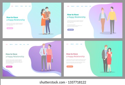 How to build happy relationship vector, people with partners, male and female walking holding hands, and smiling. Couples on first dates, website or webpage template, landing page flat style