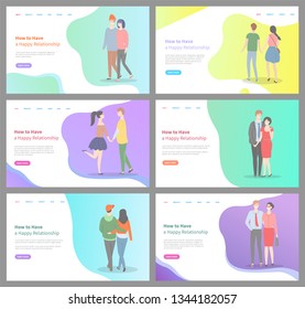 How to build happy relationship vector, people in love walking on date, calm relaxed man and woman cuddling and expressing deep feelings. Website or webpage template, landing page flat style