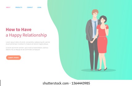 How to build happy relationships, adult couple, man in suit and oman in red dress cartoon characters. Vector husband and wife family. Website or webpage template, landing page flat style
