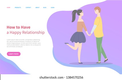 How to build happy relationships, dating teenagers, girl and boy cartoon people. Vector students in love, male and female holding hands. Website or webpage template, landing page flat style