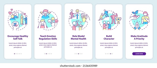 How to build mental strength of kids onboarding mobile app screen. Walkthrough 5 steps graphic instructions pages with linear concepts. UI, UX, GUI template. Myriad Pro-Bold, Regular fonts used